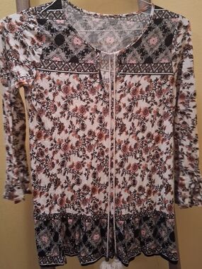 Women's Floral Tie-Front Long Sleeve Top M